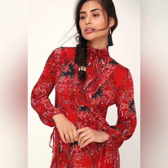 NWT Free People All Dolled Up Red Print Long Sleeve Mini Dress Size Small - Picture 4 of 9